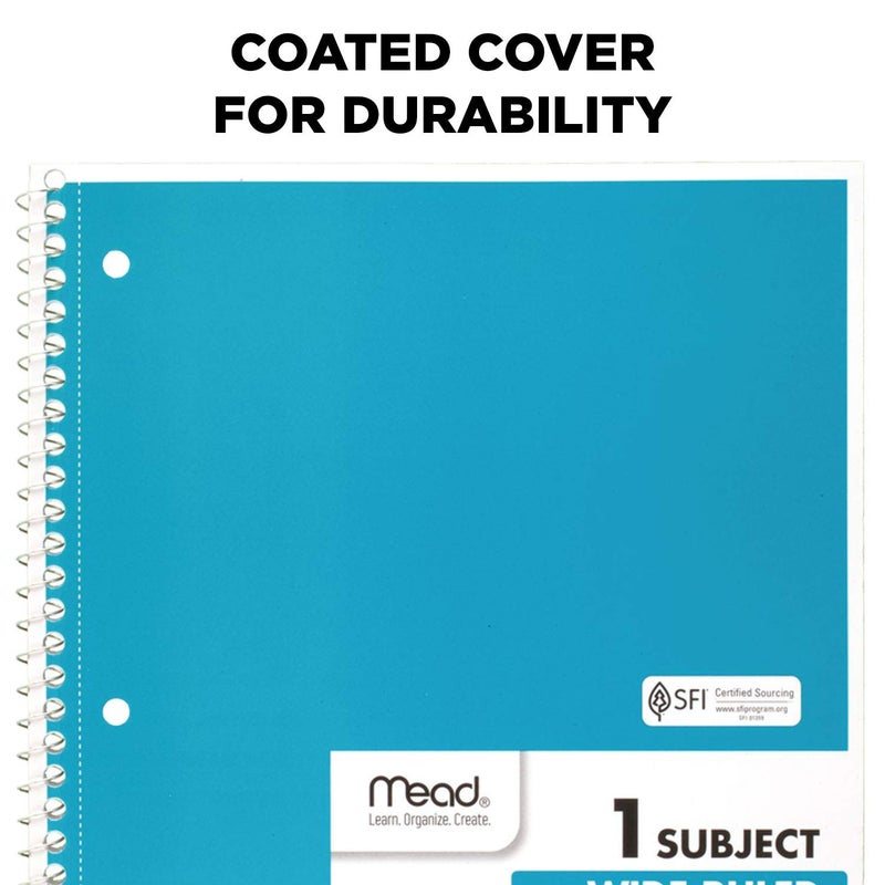 Mead Spiral Notebooks, 1 Subject, Wide Ruled Paper, 70 Sheets, 10-1/2 x 7-1/2 inches, Blue, 4 Pack (38400) - Image 3